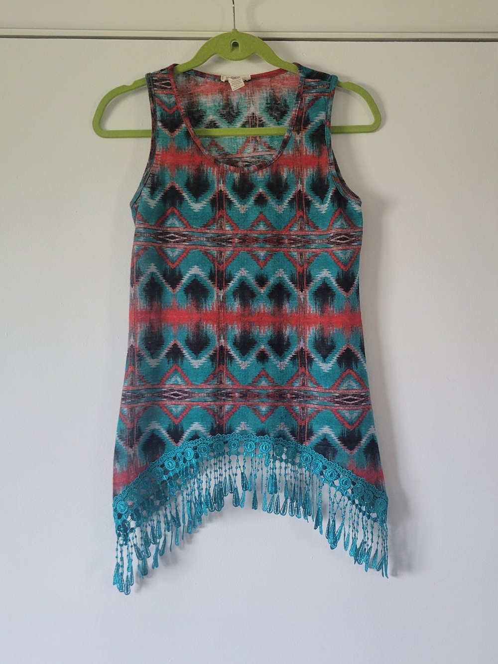Fringed Aztec Print Tank Top in Teal and Coral